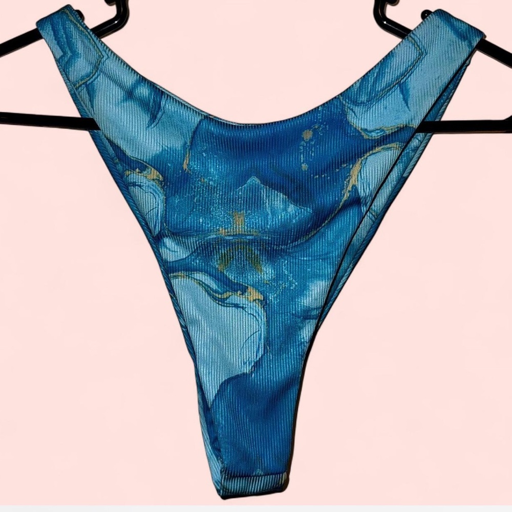 Blue and gold marble print high-waisted bikini bottoms
